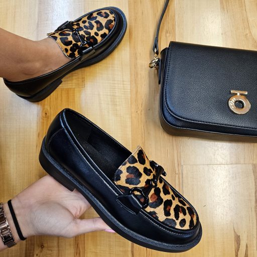 FRANCESCO MILANO PREMIUM extravagáns leopárd mintás fekete loafer