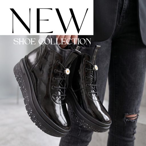 TUTTO BENE SCARPE platform talpas puha béléses fekete lakkbőr bokacsizma 