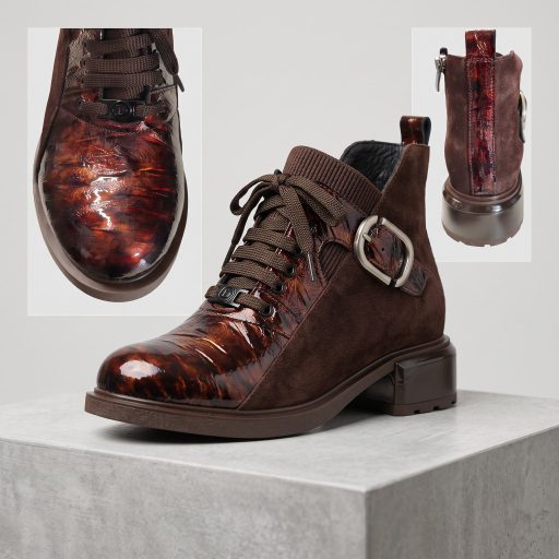 TUTTO BENE SCARPE lakk betétes velúrbőr fűzős bokacsizma 