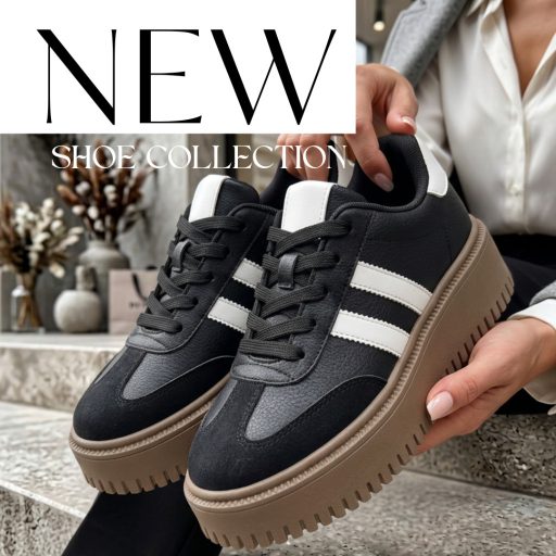 NEXT STEP vastag platform talpas fehér csíkos fekete sneaker 