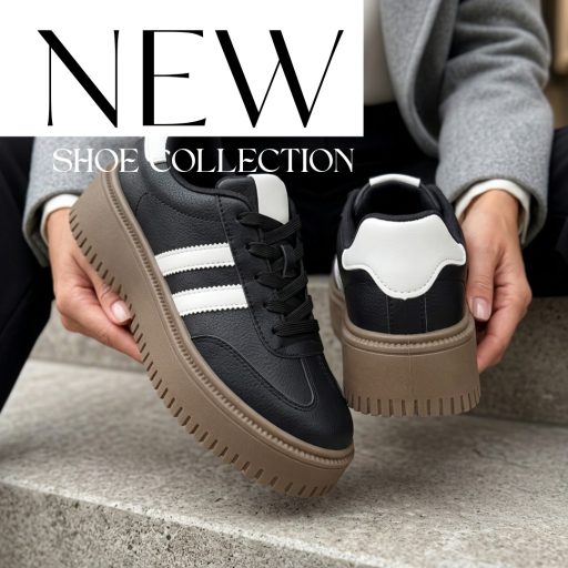 NEXT STEP vastag platform talpas fehér csíkos fekete sneaker 