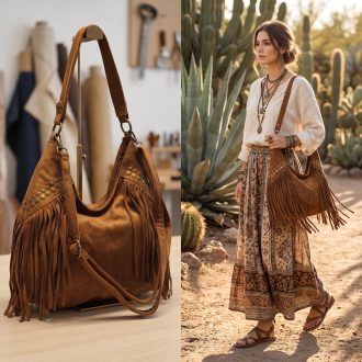 Váll,- és oldaltáska rojtos brown 