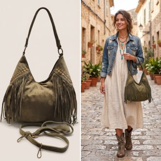 Váll,- és oldaltáska rojtos army green 