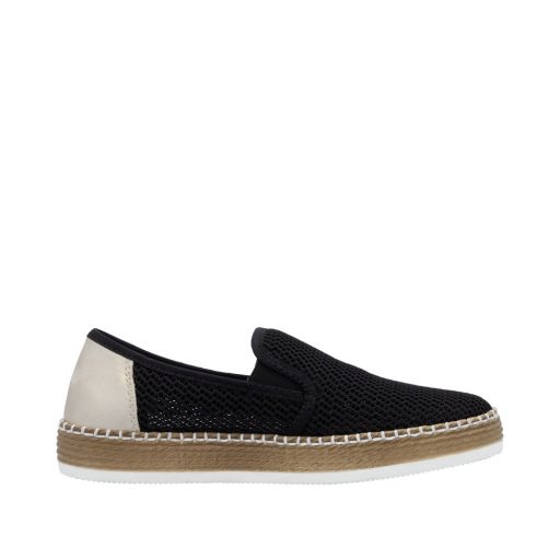 RIEKER enyhén vastag talpú hálós fekete kényelmi slip-on 