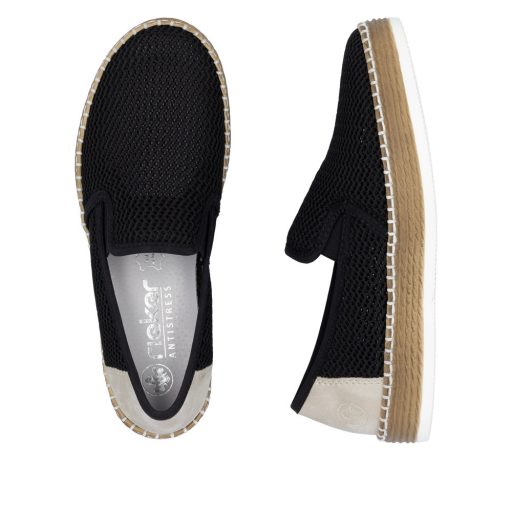 RIEKER enyhén vastag talpú hálós fekete kényelmi slip-on 