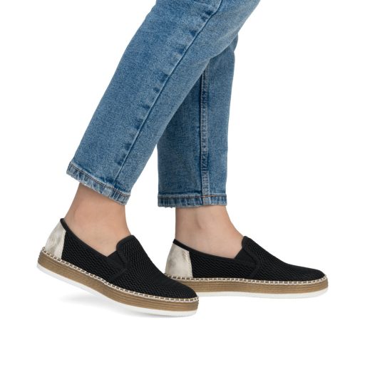 RIEKER enyhén vastag talpú hálós fekete kényelmi slip-on 