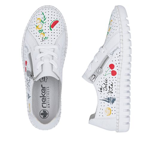 RIEKER lyukacsos színes mintás kényelmi fehér sneaker 