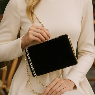 Oldaltáska elegáns fekete szőrmés 