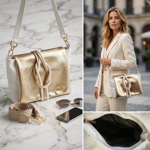 Zellia váll,- és oldaltáska extra fehér-arany 