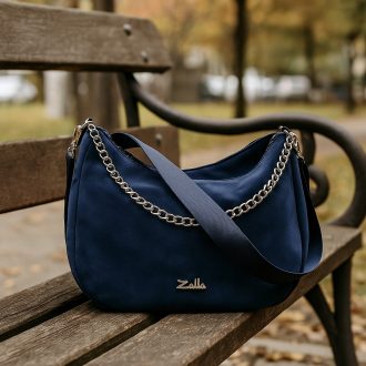  Zellia váll,- és oldaltáska láncos elejű sötétkék velúr 