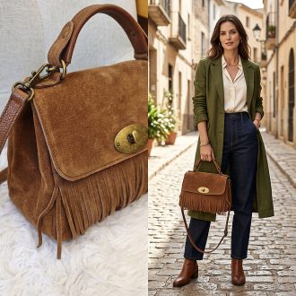 Kézi,- váll,- és oldaltáska rojtos cognac bőr 