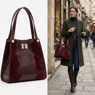 Válltáska croco mintás velúrbőr burgundi