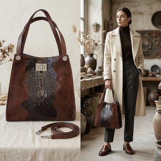 Válltáska croco mintás velúrbőr cognac 